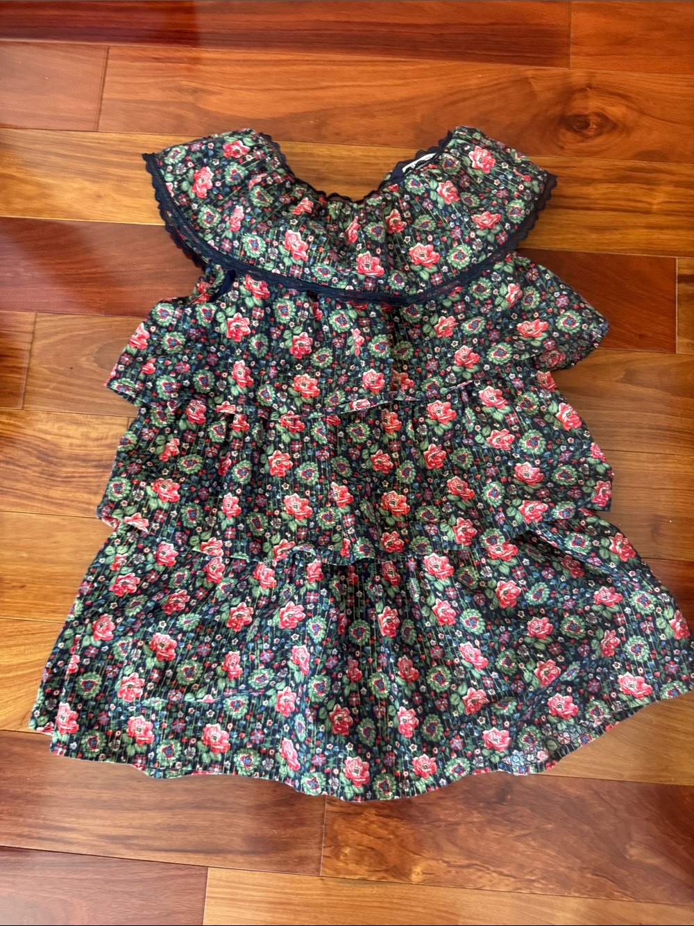 Crewcuts Floral Ruffle Tiered Dress - Black w/ Flowers, & Gold stripe